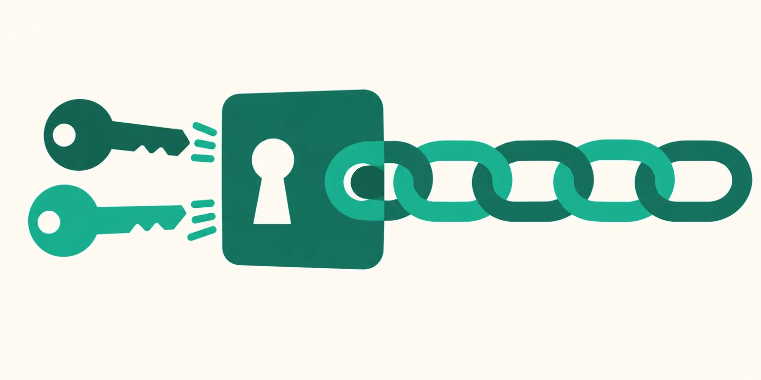 Two keys slotting into a lock-shaped card with a link chain extending from it