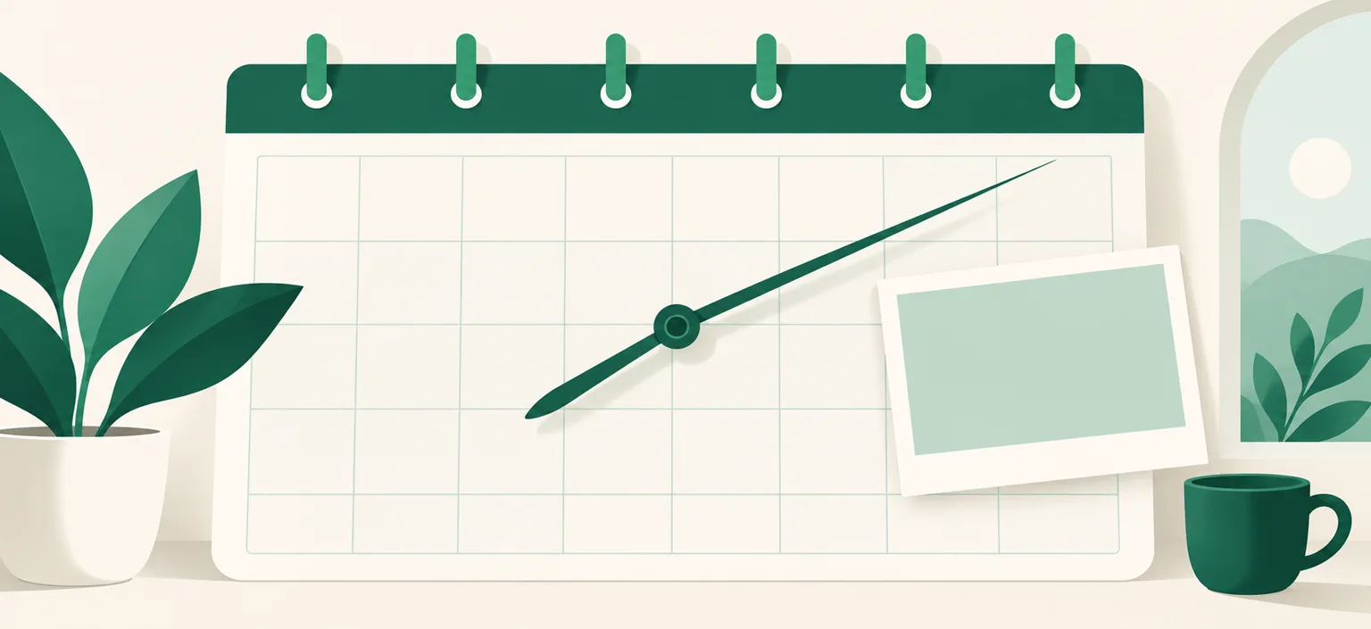 A post card placed on a calendar grid with a clock hand across it