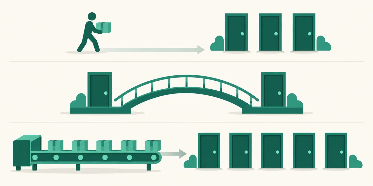 Three lanes on a road — a person carrying a box to three doors, a bridge between two doors, and a conveyor delivering boxes to five doors