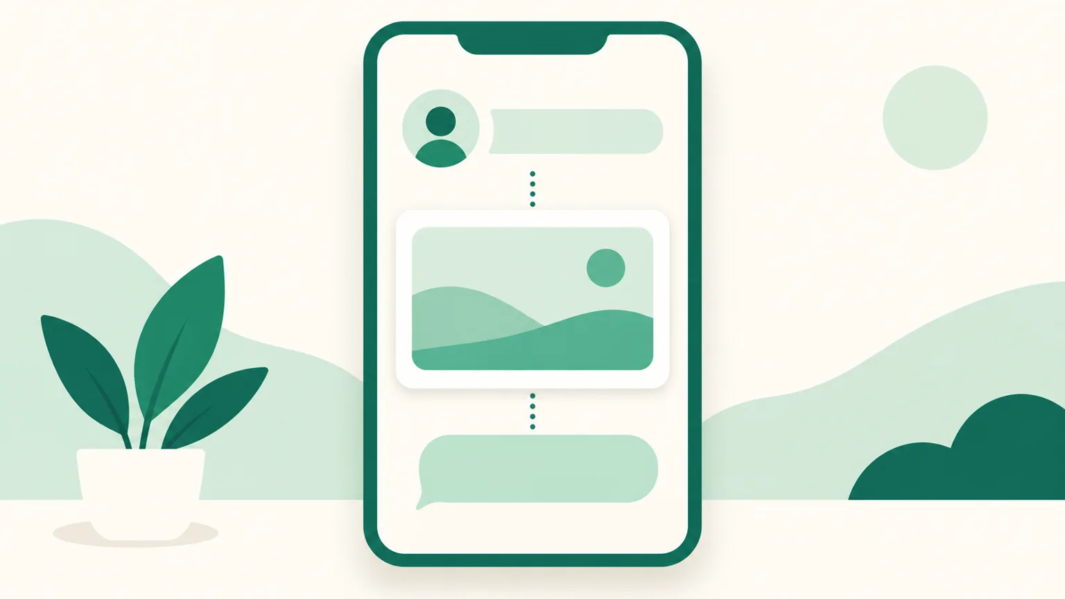 Three spots on a phone-shaped card — the profile area at the top, a post body card, and a reply bubble — connected by dotted lines