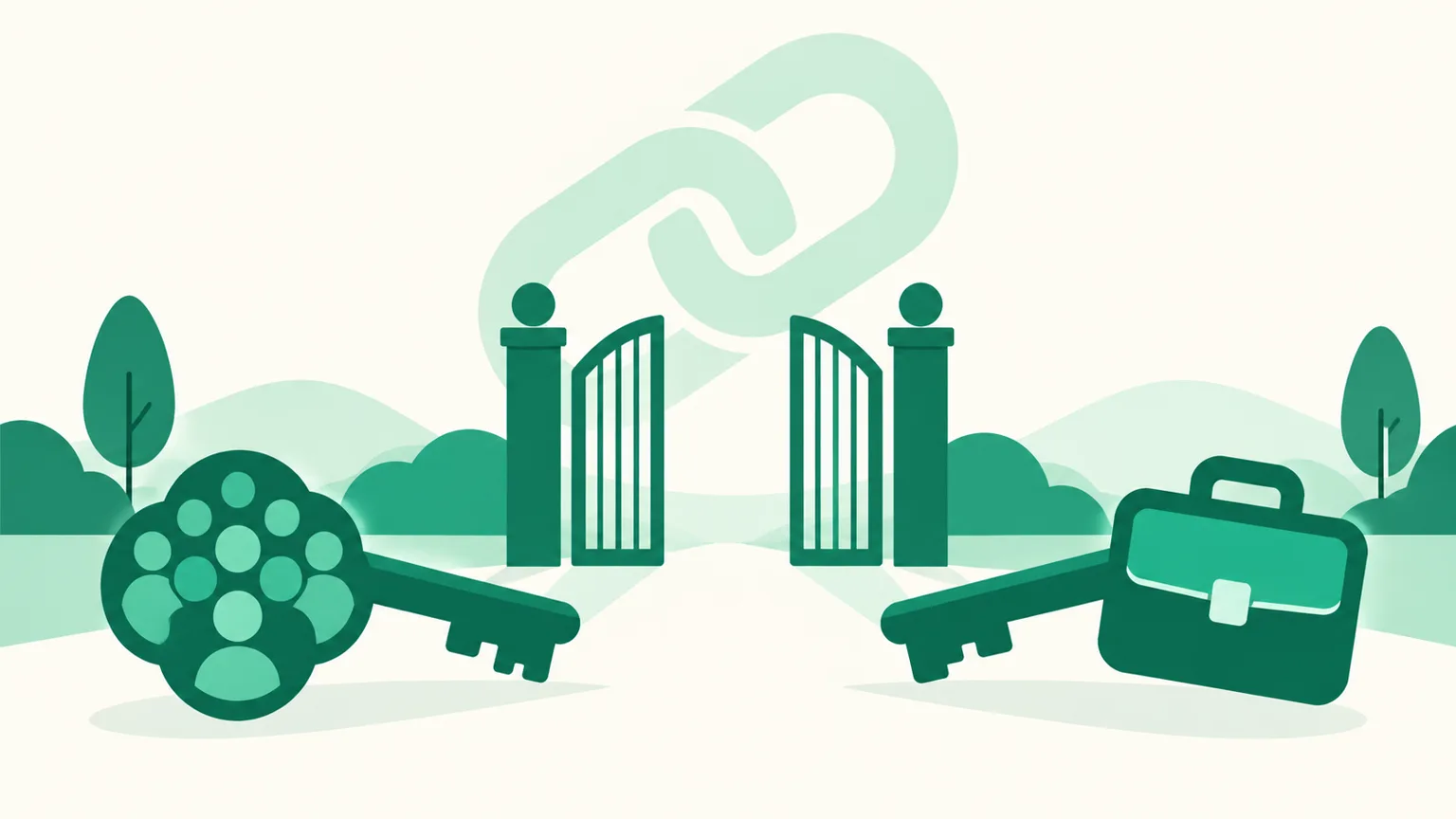 A gate with two keys in front of it — one shaped like a crowd of dots, one shaped like a briefcase — with a link icon behind