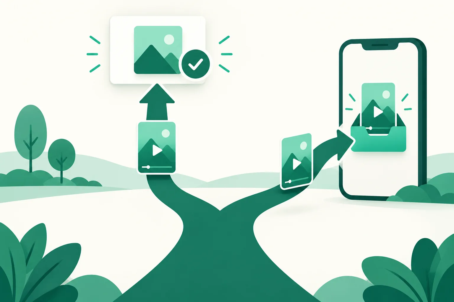 A path splitting in two — one video follows an arrow straight up to a published screen, the other goes into an inbox tray on a phone