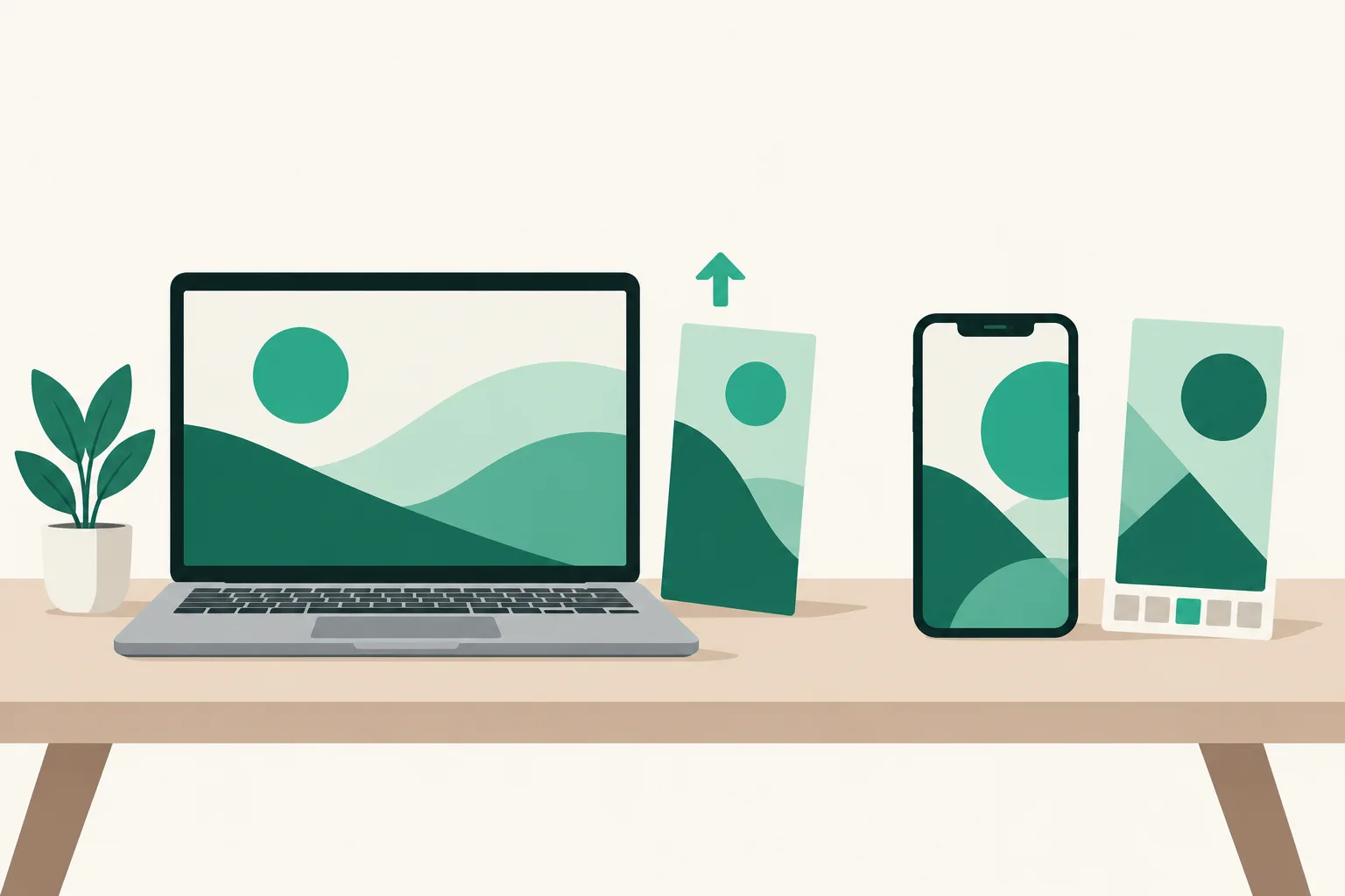 ノートパソコンのStudio画面とスマートフォンの画面が並び、それぞれの横に縦長のサムネイルカードが置かれた比較の図
