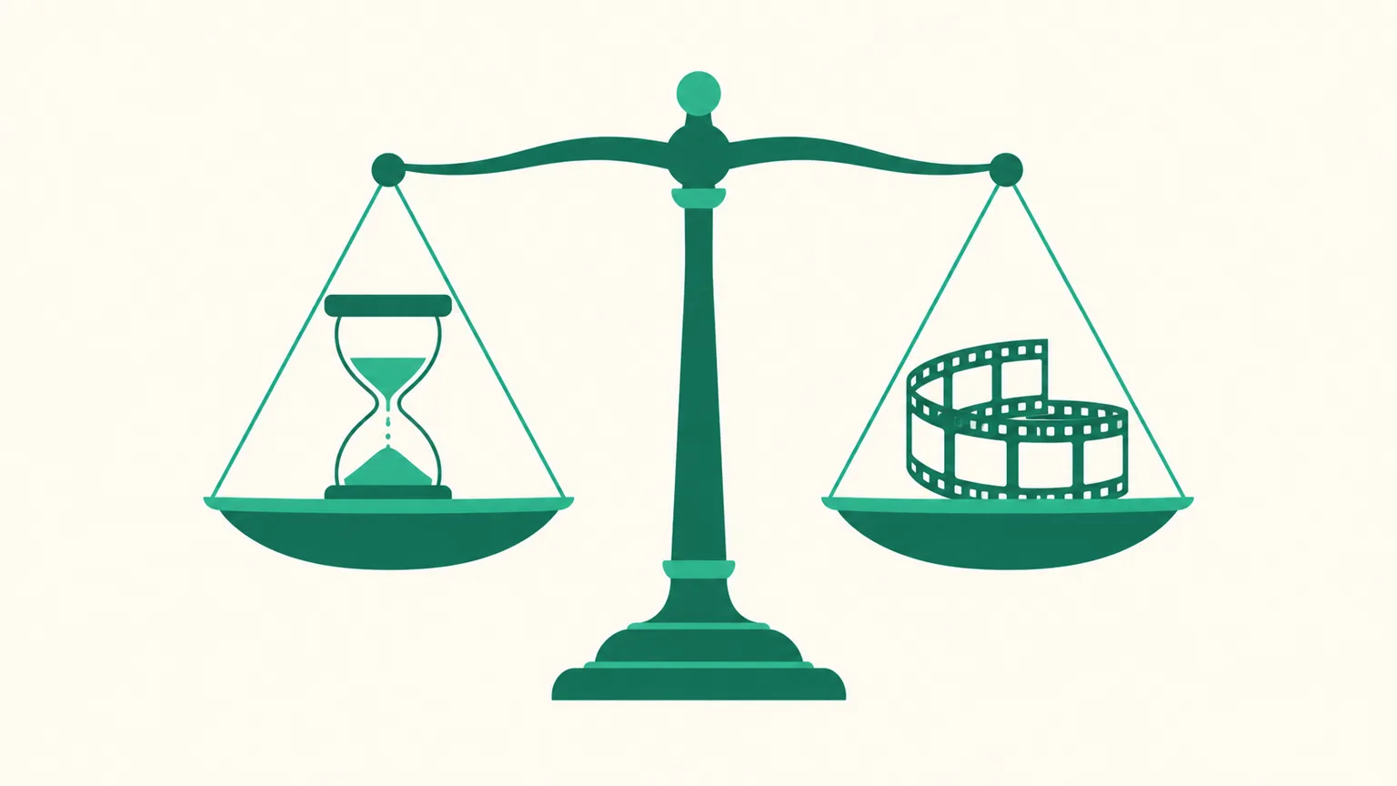 An hourglass and a film strip balanced on either side of a scale